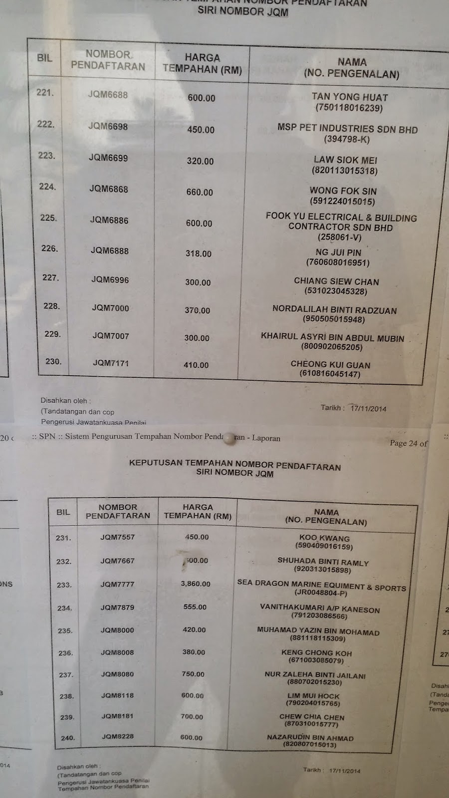 JPJ NO PLATE TENDER RESULT JOHOR JQM TENDER RESULT JPJ JOHOR