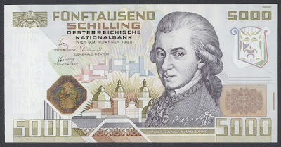 Austria currency 5000 Austrian Schilling Mozart banknote
