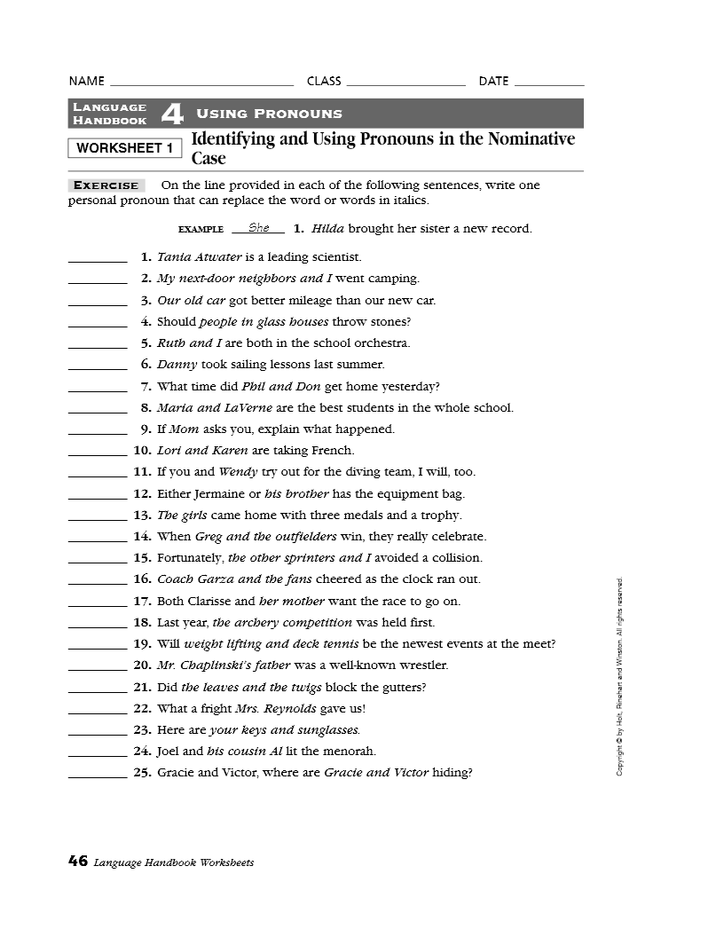 French Worksheets Pronouns