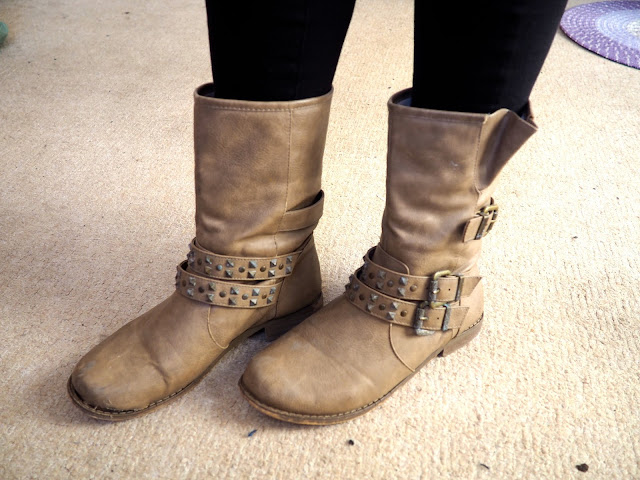 Heigh Ho - Grumpy inspired Disneybound outfit of shoe details of mid-calf chunky brown boots with straps and buckles