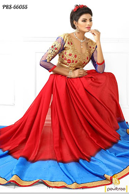 Buy Red Color Embroidery Work Party Wear Purre Chiffon Saree Online Shopping with Low Coat Price Rate