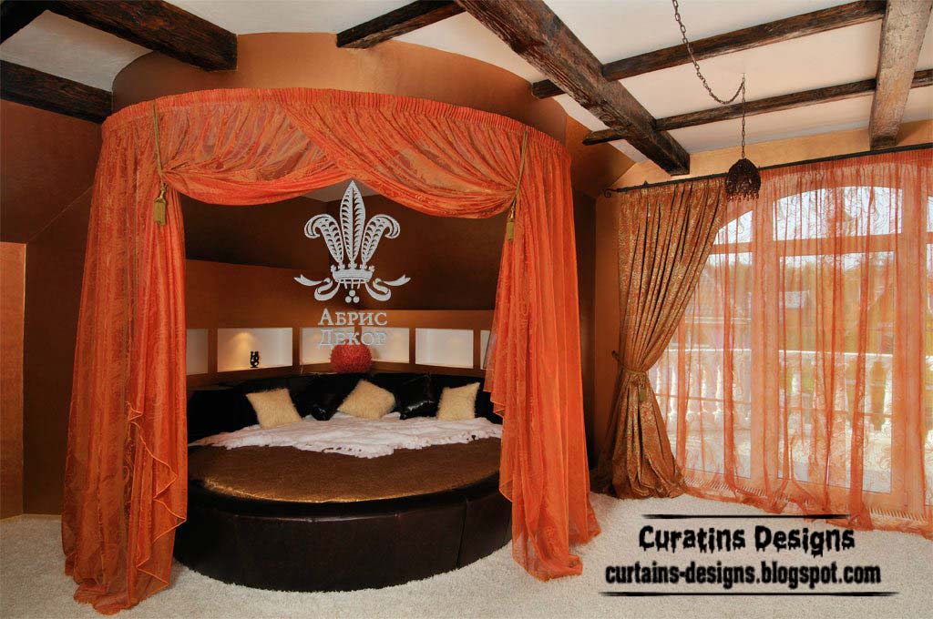 Orange canopy bed with modern bedroom curtain design