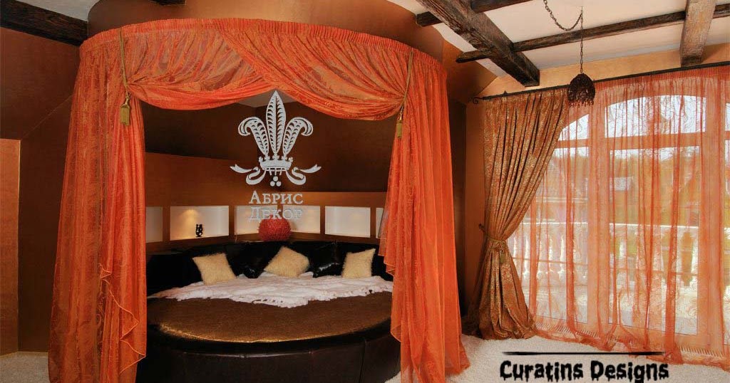 Orange canopy bed with modern bedroom curtain design | Curtain Designn