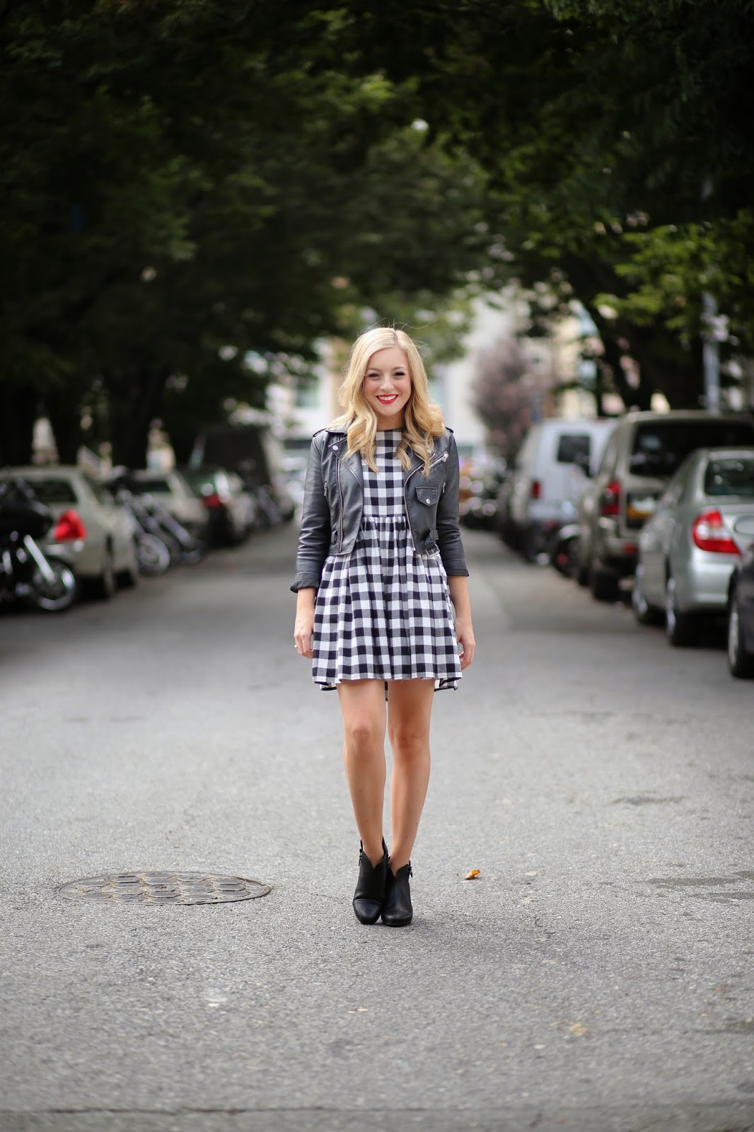 Asos Gingham Smock Dress, Rag and Bone Margot Ankle Boots, Nasty Gal Cropped Leather Jacket