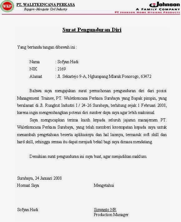 Contoh Surat Pengunduran Diri / Resign Kerja yang Baik dan 