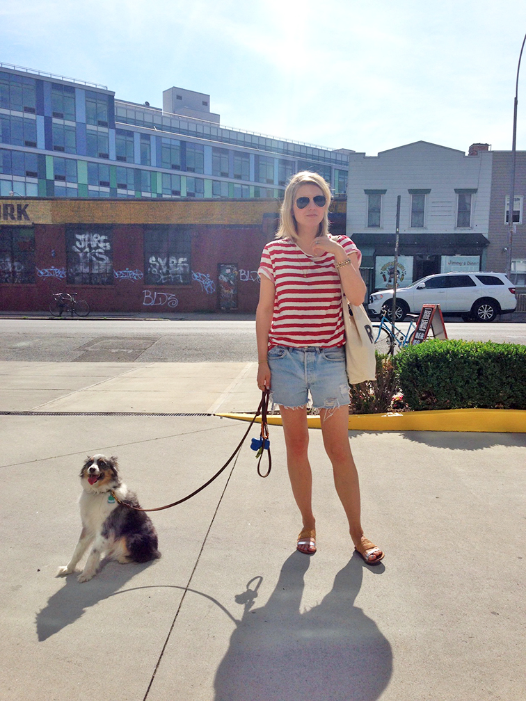 Red stripes, cutoffs, vintage levi's, Refin Denim hookup shorts, Filippa K tee, Loeffler Randall sandals, Ray-Ban aviators