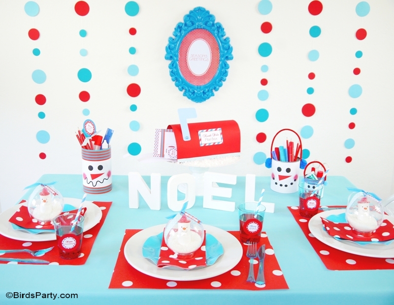 Kids Red Teal Snowman Christmas Holiday Tablescape Party Ideas