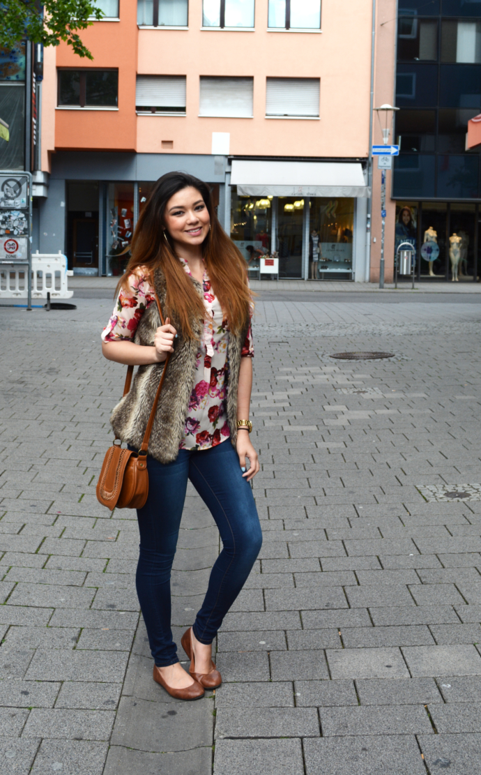 Raspberry Jam: Outfit 158 - Floral Blouse with Faux Fur Vest