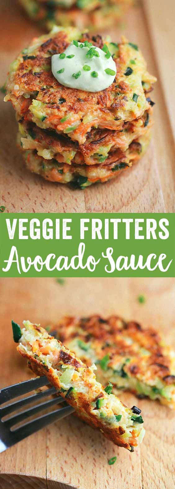 These crispy vegetable fritters are packed with broccoli, carrots and zucchini. Dip each delicious appetizer fritter into the creamy avocado yogurt sauce.