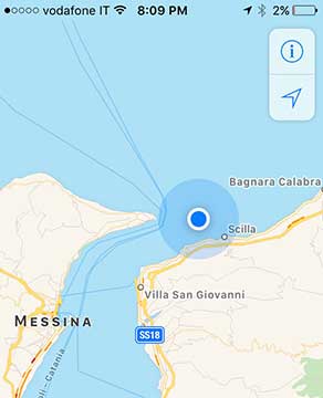 Iphone Map Screenshot just after passage through Straights of Messina towards Napoli
