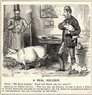 John Leech. Cartoon. Punch. April 5, 1856. These two cartoons lampoon the use of ceremonial bagpipes to welcome soldiers returning home from the war. In the image on the right, a soldier ties squealing pigs to himself before attending a ceremony to help him adjust to the noise of the bagpipes.