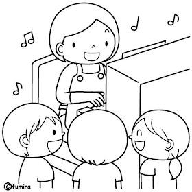 Niños y maestra de música para colorear