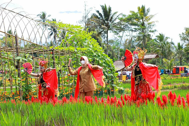 Bupati Ipuk ikut menari dalam festival padi 2021.