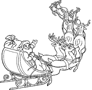 Santa Claus coming on reindeer(sleigh) with Christmas gifts coloring page