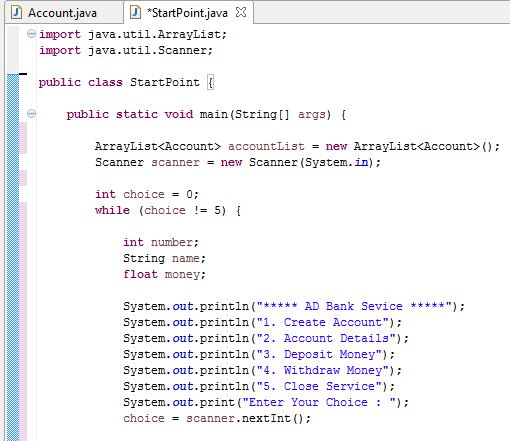 ADLabs: JAVA: Create a bank account feature with ArrayList