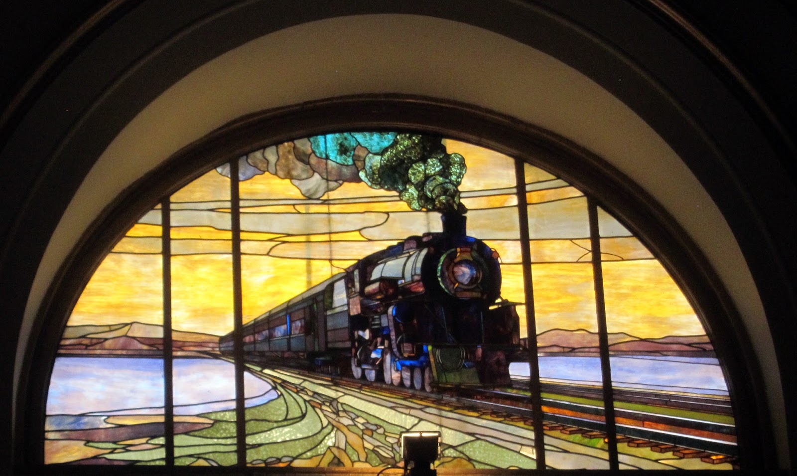 transpress nz steam train across Salt Lake, Utah, stained glass art