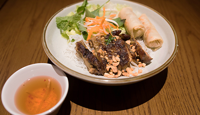 Grilled Chicken & Fried Spring Rolls with Rice Vermicelli Grilled Chicken & Fried Spring Rolls with Rice Vermicelli
