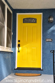 Yellow front door of Organizing Made Fun's home tour