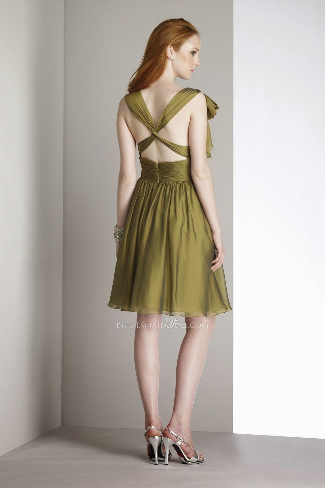 Shirred V-neck Olive Cocktail Bridesmaid Dress with Jeweled Centered Bow-2