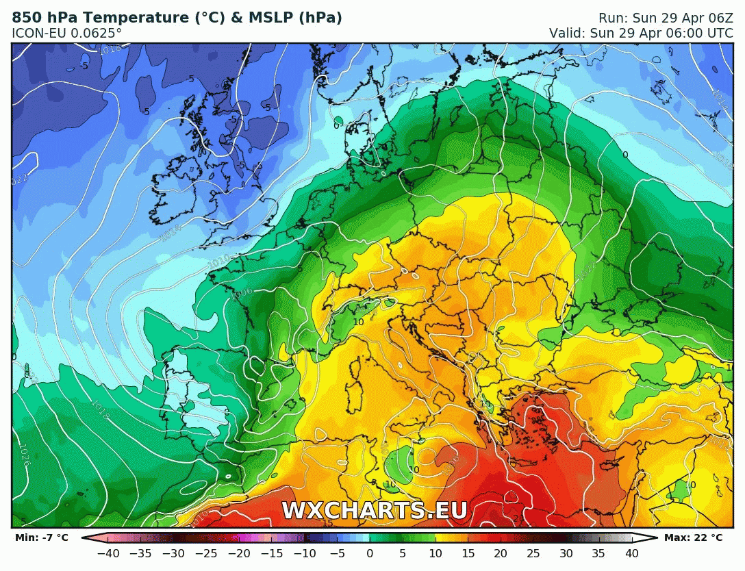 Temperatur in ca. 1,5 km Höhe nach dem ICON-EU Vorhersagemodell, präsentiert via wxcharts.eu