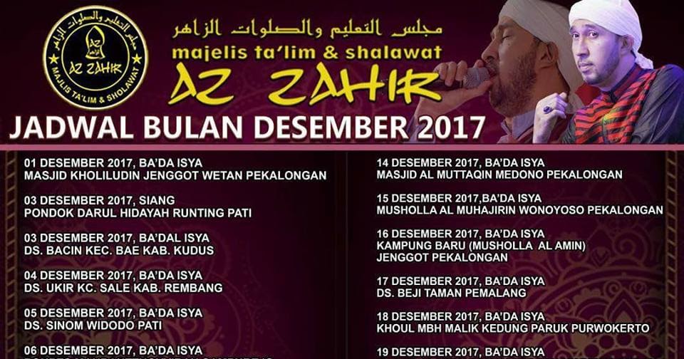 Jadwal Az-Zahir Bulan Desember 2017 Lengkap Terbaru