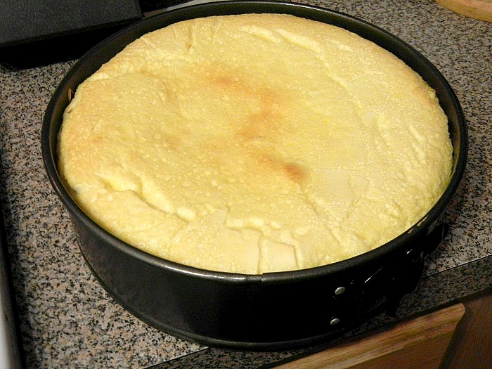 cheesecake in spring form pan on a counter top 