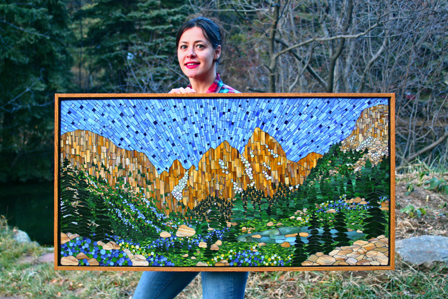 Kasia Mosaics Stained Glass Mosaic Landscape Art Cascade Canyon Stained Glass Mosaic Framed 24 X 48 2018 Available
