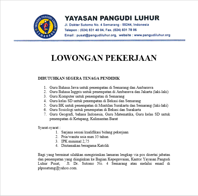 LOWONGAN GURU PADAYAYASAN PANGUDI LUHUR, SEMARANG JATENG INFO LOWONGAN