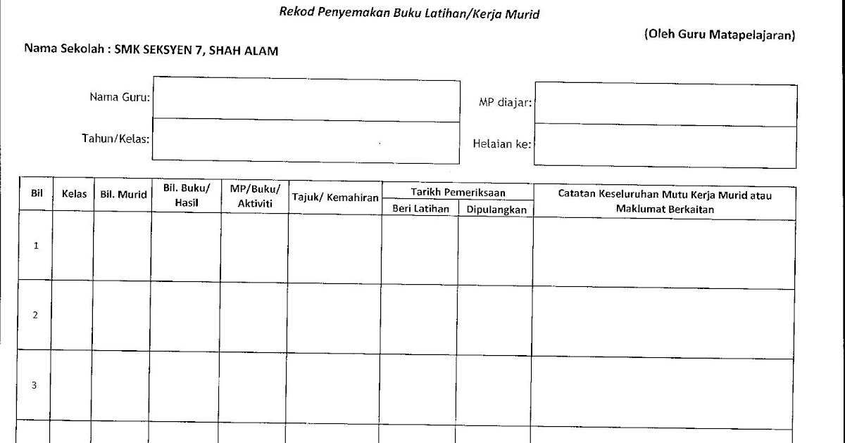 Contoh Jadual Semakan Hasil Kerja Murid Contoh Ele Contoh Jadual Semakan Hasil Kerja Murid Contoh Ele
