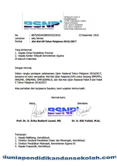 Surat Edaran Dan Kisi-Kisi Ujian Nasional Tahun Pelajaran 2016/2017 Untuk Smp, Mts,Ma,Sma,Mak,Smk,Slb, Sdlb,Smplb,Paket B Dan Paket C
