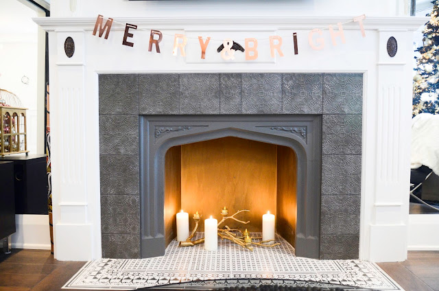 Project Rad: Toronto century home renovation - modern black and white living room  with Moroccan inspired fireplace patterened tile|navkbrar.blogspot.com