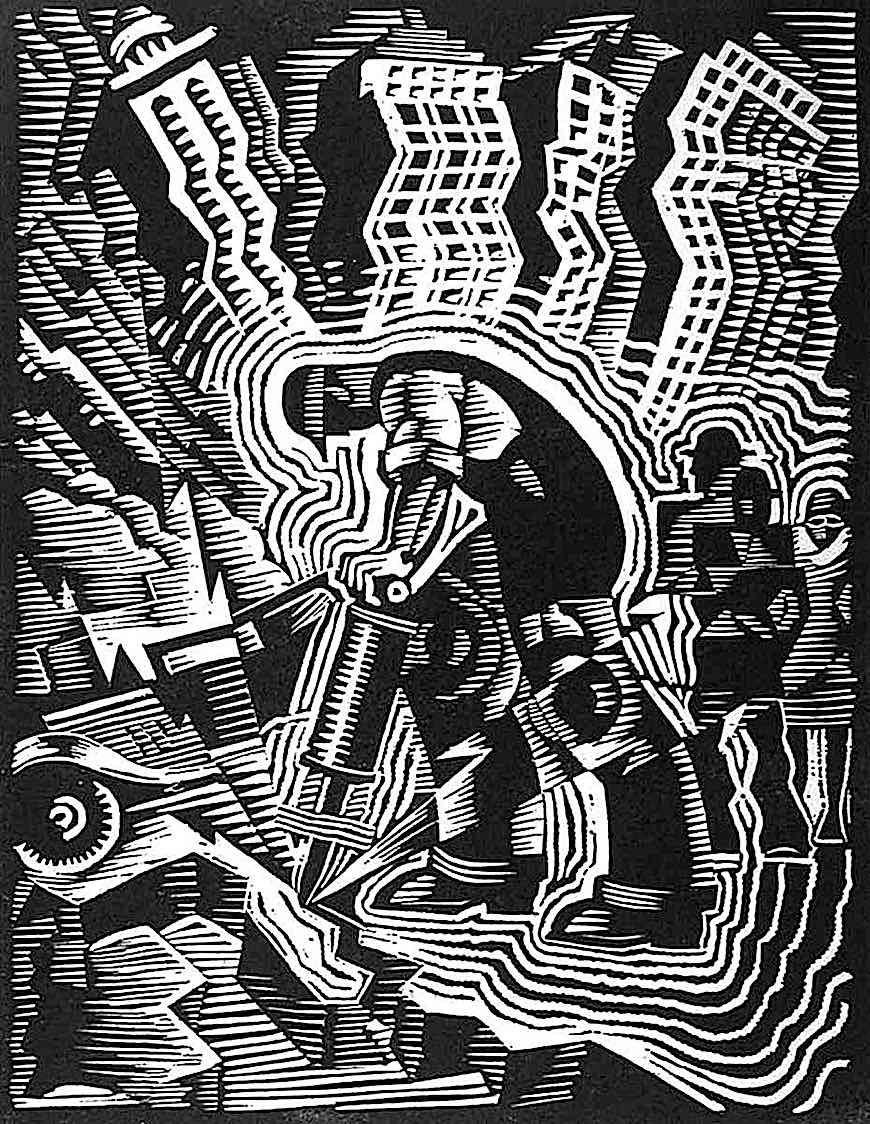 Charles Turzak a Charles Turzak wood cut, man with jackhammer