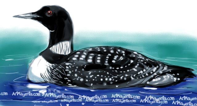 En fågelmålning av en svartnäbbad islom från Artmagentas svenska galleri om fåglar
