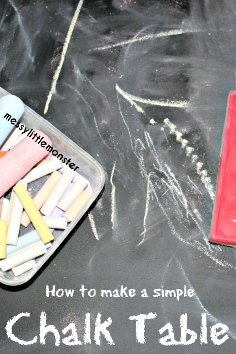 How to make a simple DIY chalkboard table for kids by upcycling an old table. Easy step by step instructions using an Ikea table and chalkboard paint. A great resource for toddlers and preschoolers learning to make marks, draw and write.