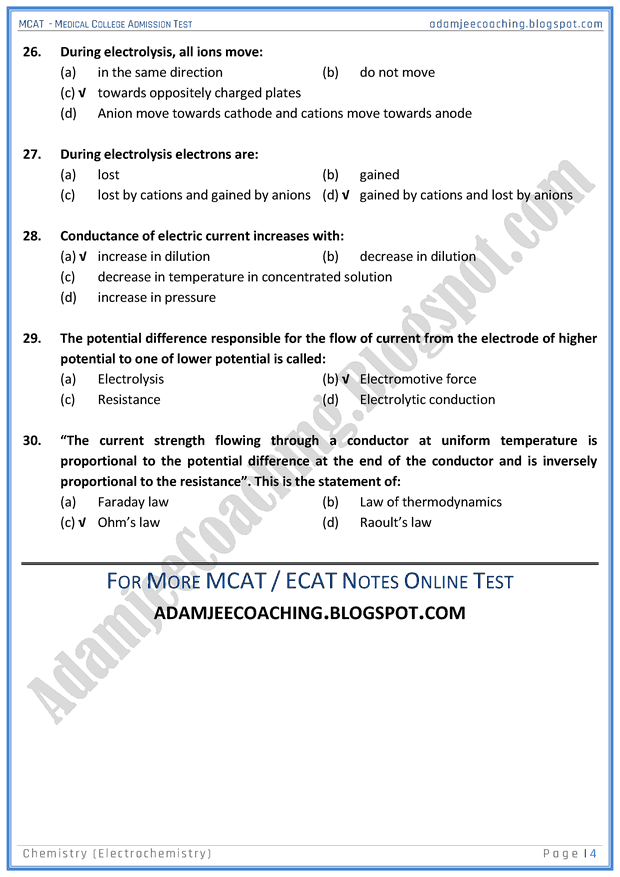 Adamjee Coaching MCAT Chemistry [Electrochemistry] Mcqs for Medical
