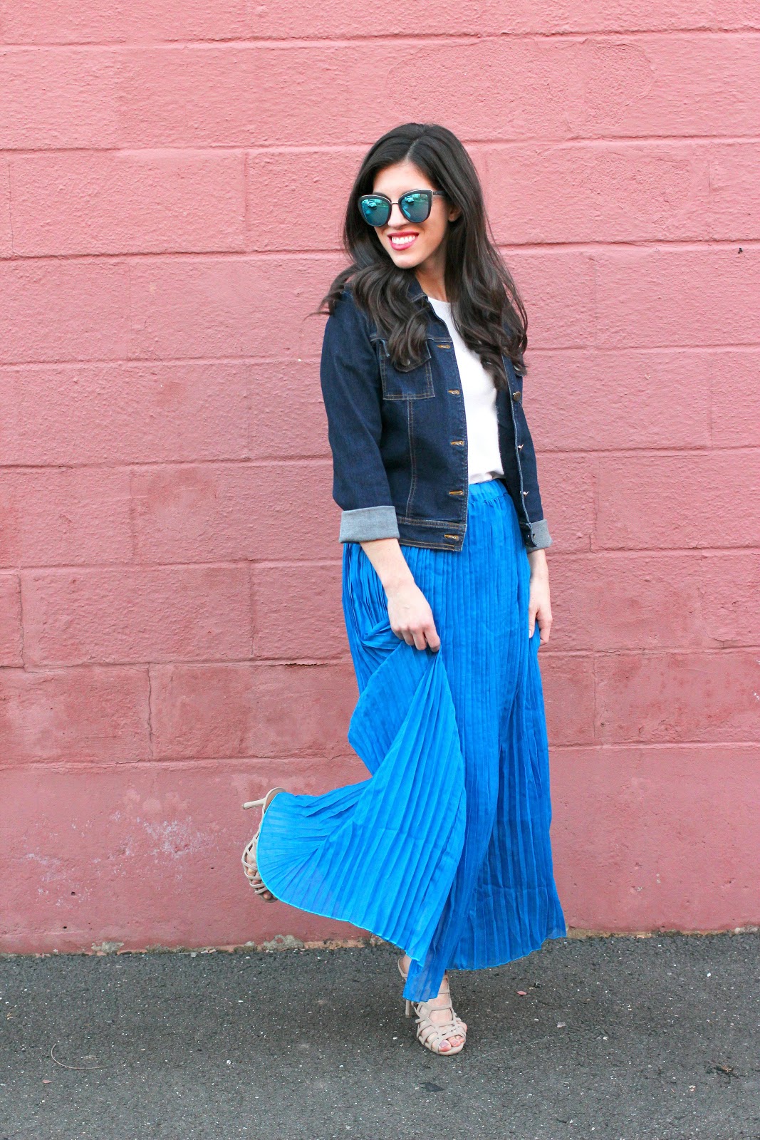 Beautifully Candid: Maxi Pleated Skirt and Denim Jacket
