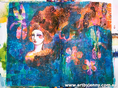 Art by Jenny James, mixed media collage of girl with a dragonfly using Jane Davenport printed napkins