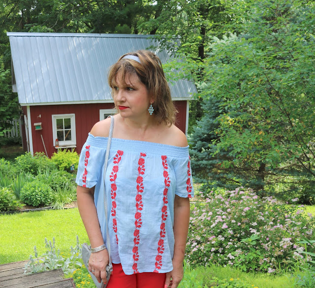 Amy's Creative Pursuits: Red Pants and Blue Embroidered Smock Top