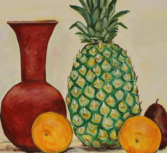 Still-life with Pineapple, Sarah Myers. Detail. still-life, pineapple, sarah, myers, vase, pear, oranges, acrylic, painting, fruit, ceramic, exuberant, amy, myers, canvas, large, shapes, round, earthenware, terracotta, contemporary, art, arte, kunst, pintura, maleri, natura, morte, figurative, classical, representative, bright, detail, close-up