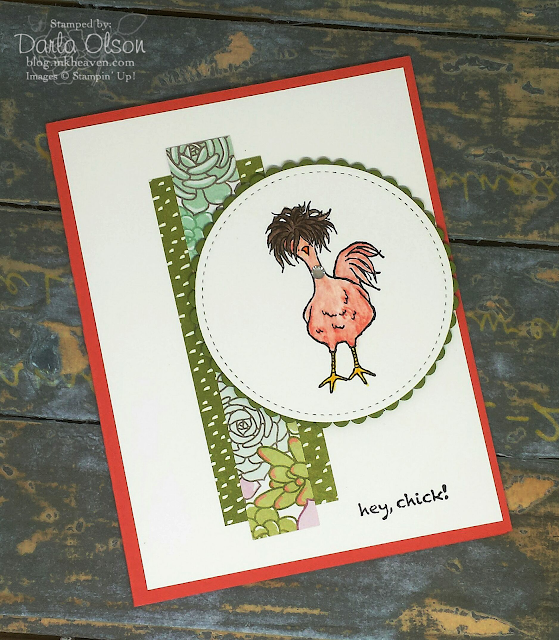 Handmade card using Succulent DSP and Hey, Chick wearing a Rhinestone Choker shared by Darla Olson at Inkheaven