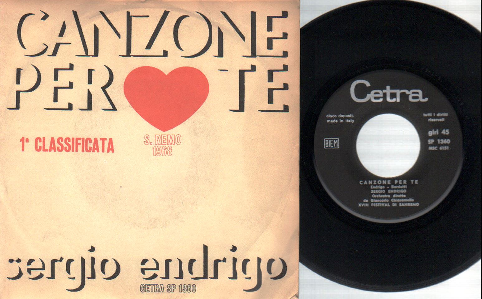 Sanremo festival Sanremo 1968 Sergio Endrigo e Roberto Carlos CANZONE PER TE accordi