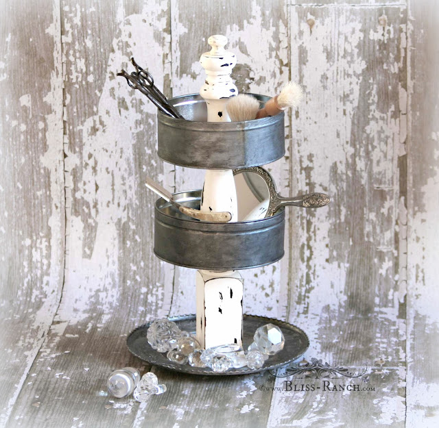Old Tins Tiered Stand, Bliss-Ranch.com #ThriftStoreDecor