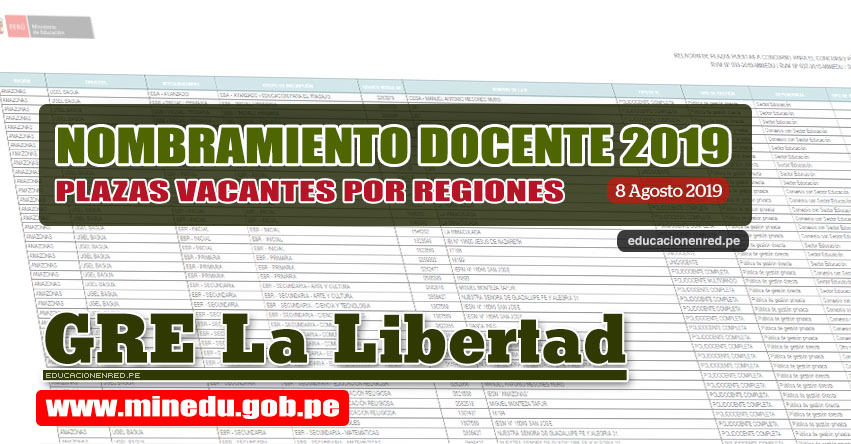 GRE La Libertad: Relación Final de Plazas Vacantes para Nombramiento Docente 2019 (.PDF ACTUALIZADO 8 AGOSTO) www.grell.gob.pe GRE La Libertad: Relación Final de Plazas Vacantes para Nombramiento Docente 2019 (.PDF ACTUALIZADO 8 AGOSTO) www.grell.gob.pe