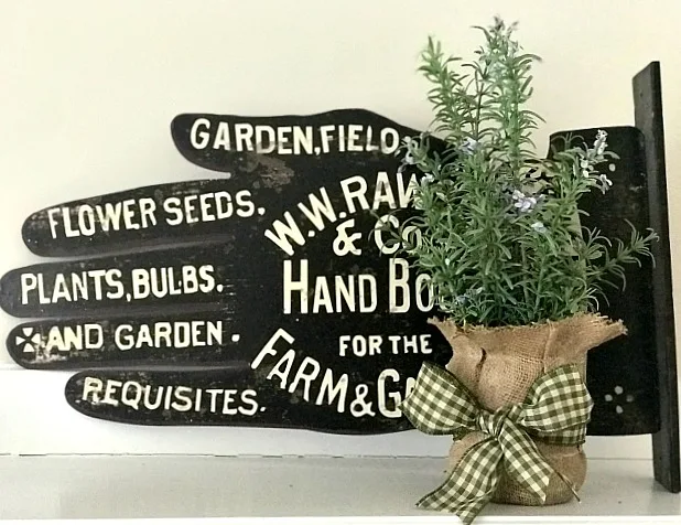 Giant hand with writing and a burlap bud vase