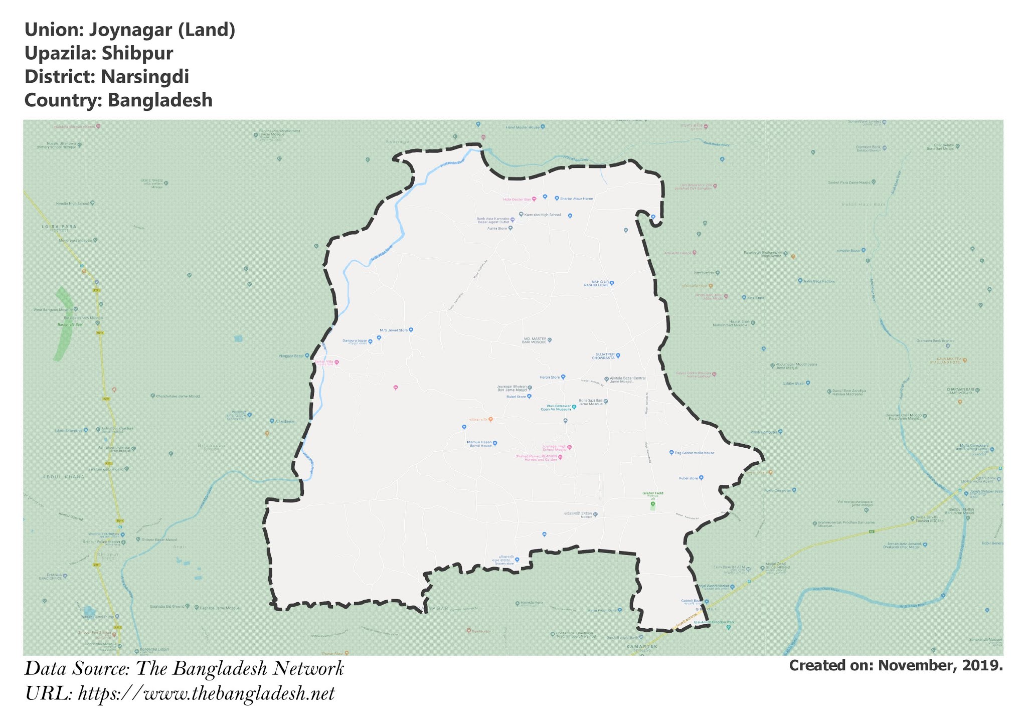 Map of Joynagar of Narsingdi, Bangladesh.