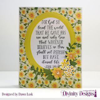 Divinity Designs Stamp: John 3:16, Paper Collections: Spring Flowers 2019, Christmas 2018, Custom Dies: Scalloped Ovals, Ovals, Bitty Blossoms, Bitty Blooms, Leaves and Branches