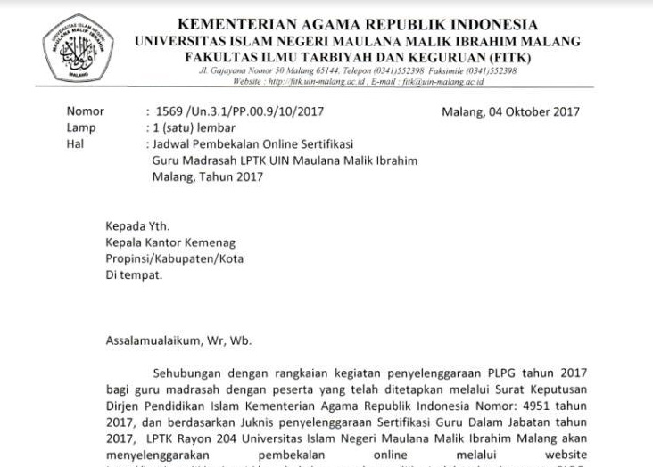 √ √ Jadwal Pembekalan Online Sertifikasi Guru Madrasah LPTK DIN Maulana  Malik Ibrahim Malang, Tahun 2017