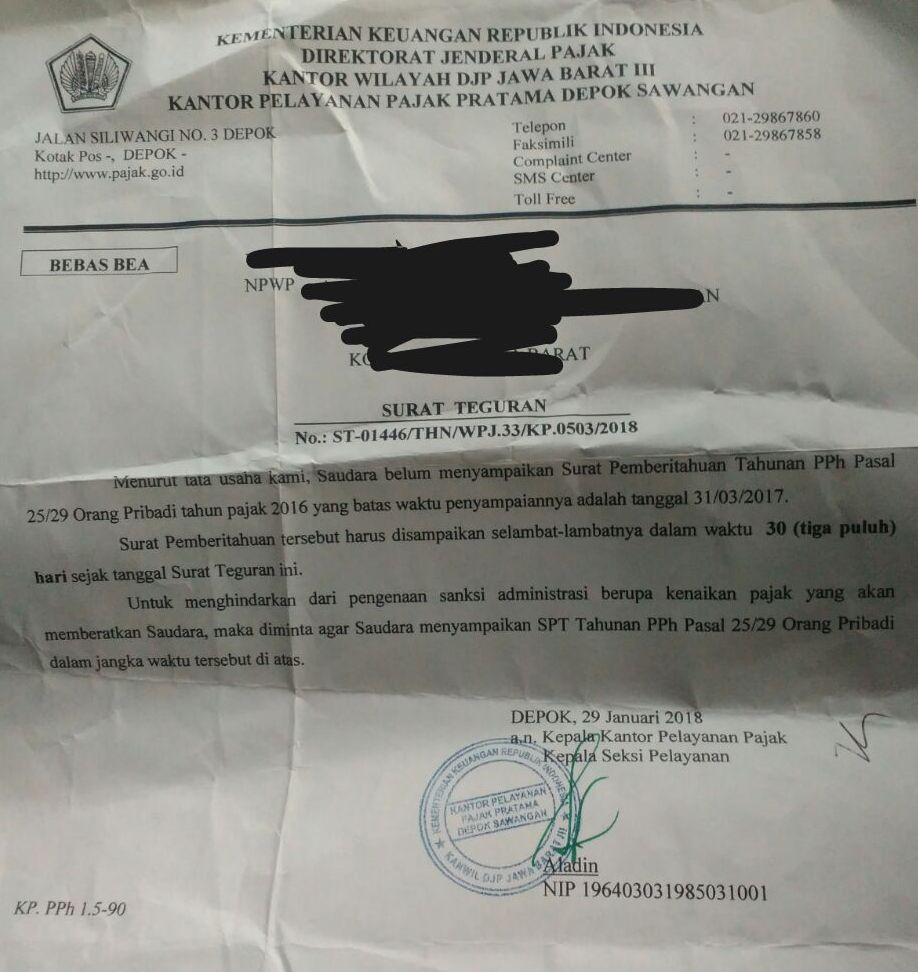 Surat Teguran Atas Belum Lapor Spt Tahunan Orang Pribadi