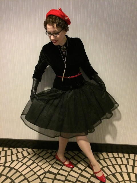 Gail Carriger in Black 1940s Velvet with Red Accessories in San Francisco  (Bonus Glove Length Terms) 