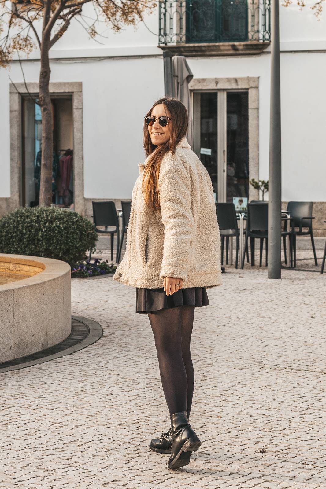 outfit teddy coat military boots blue sweater